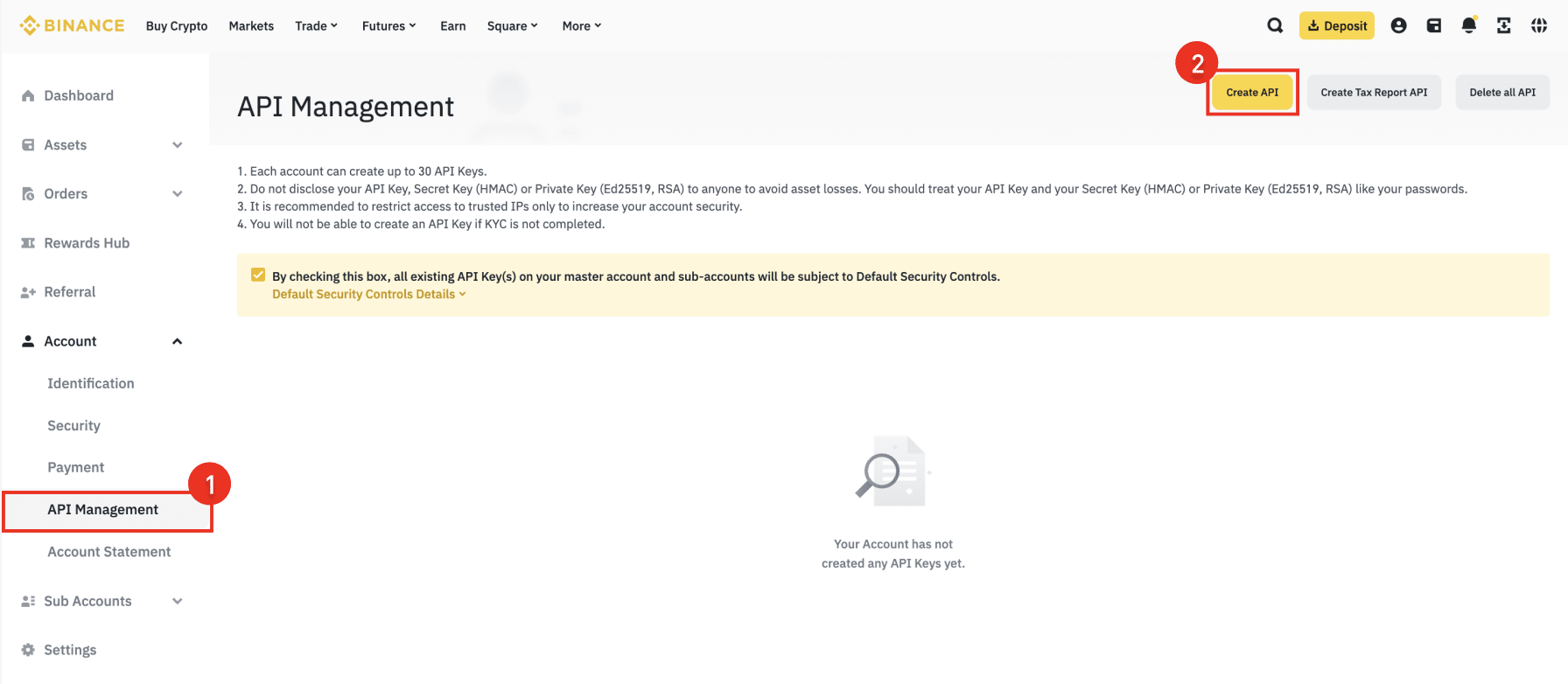 Binance API Management page with API Management and Create API highlighted