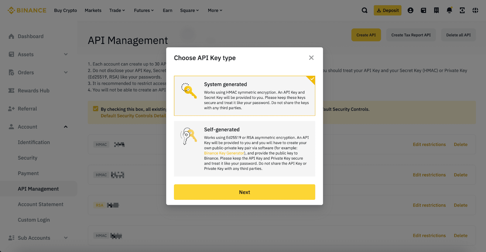 Binance dialog for choosing System generated or Self-generated API key type