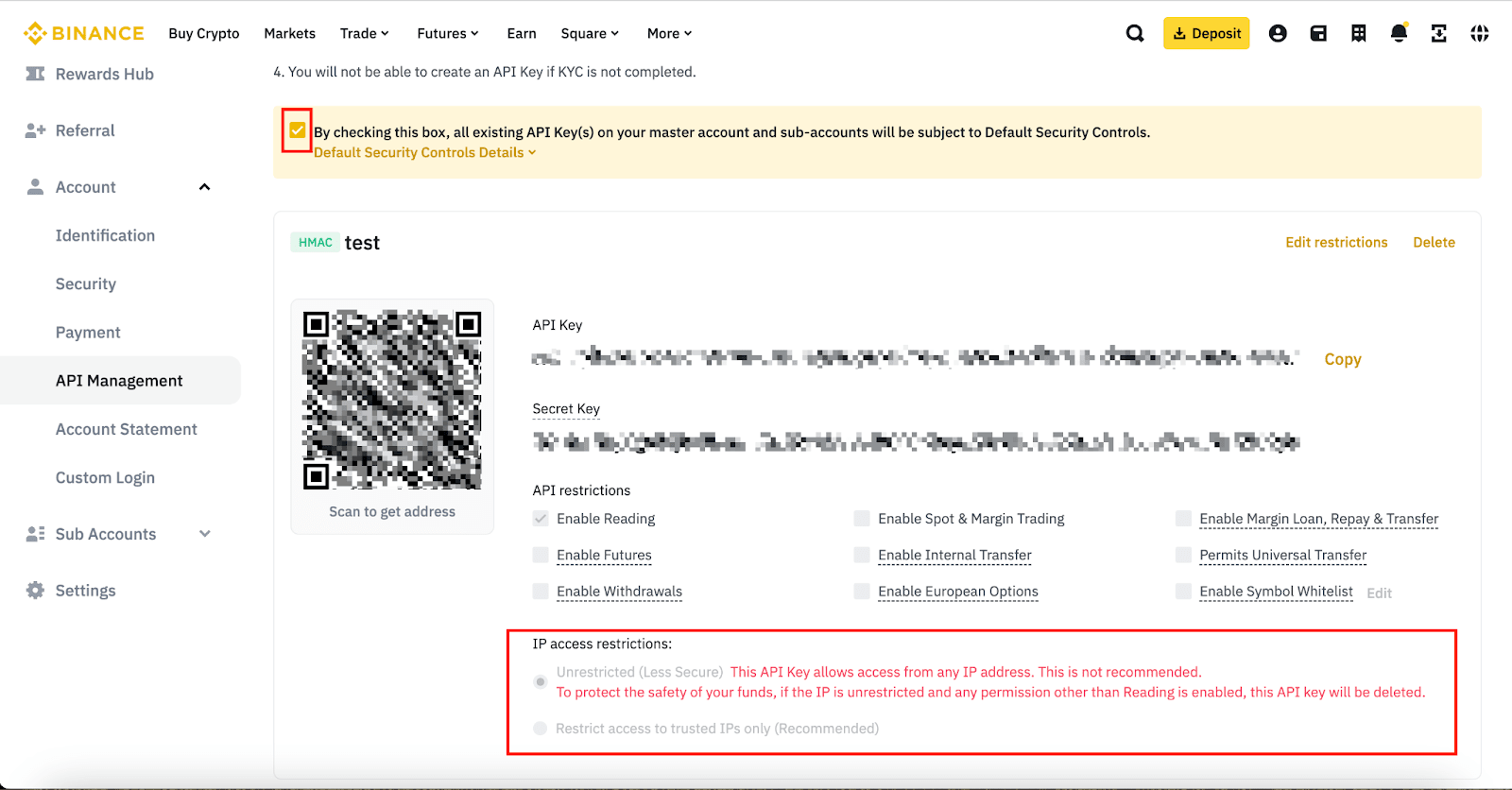 Binance API restrictions page with Enable Reading selected and trading and withdrawal permissions cleared