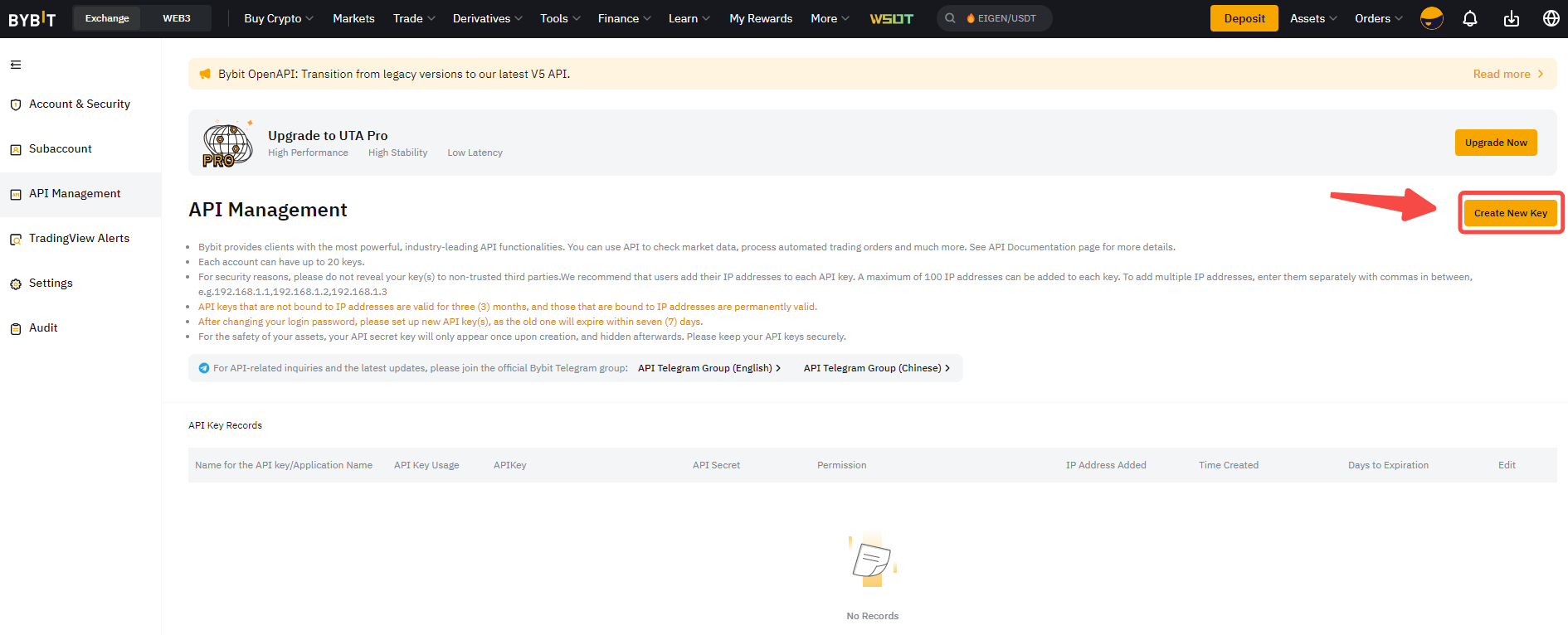 Bybit API Management page with Create New Key highlighted