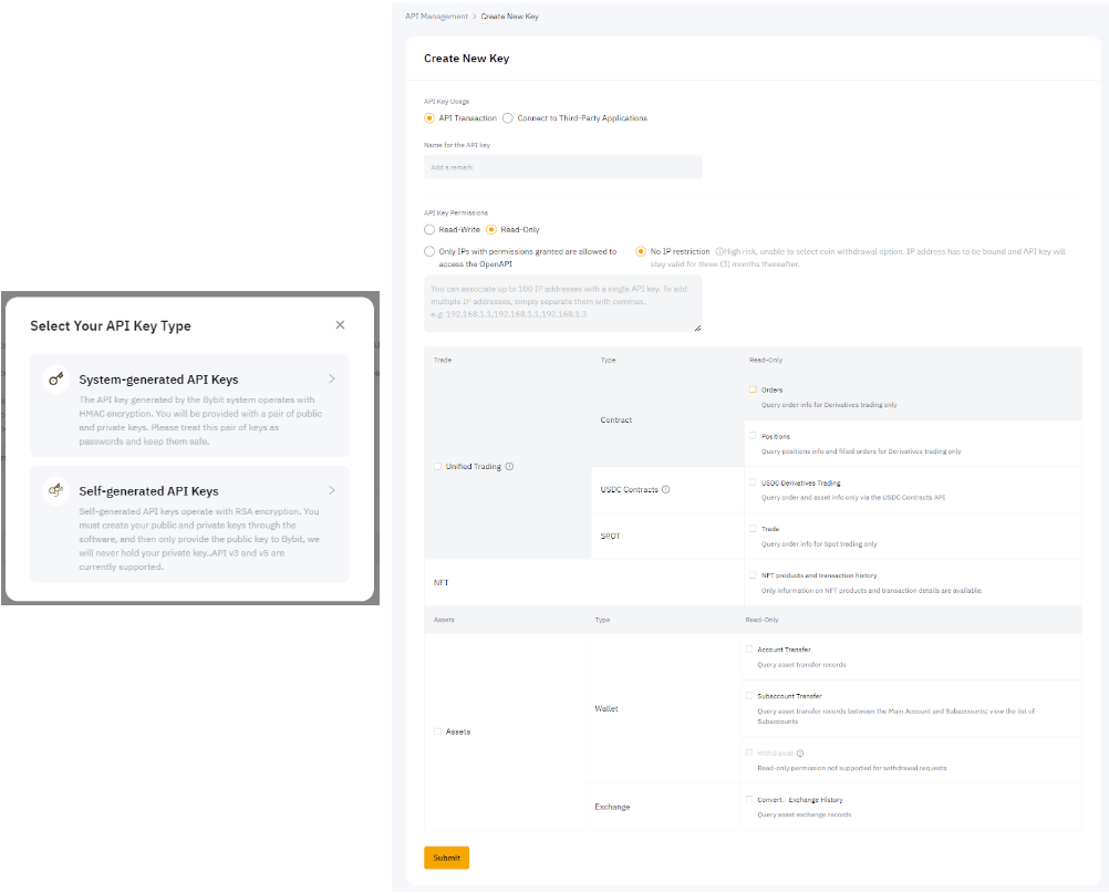 Bybit Create New Key page showing System-generated keys and Read-Only permissions