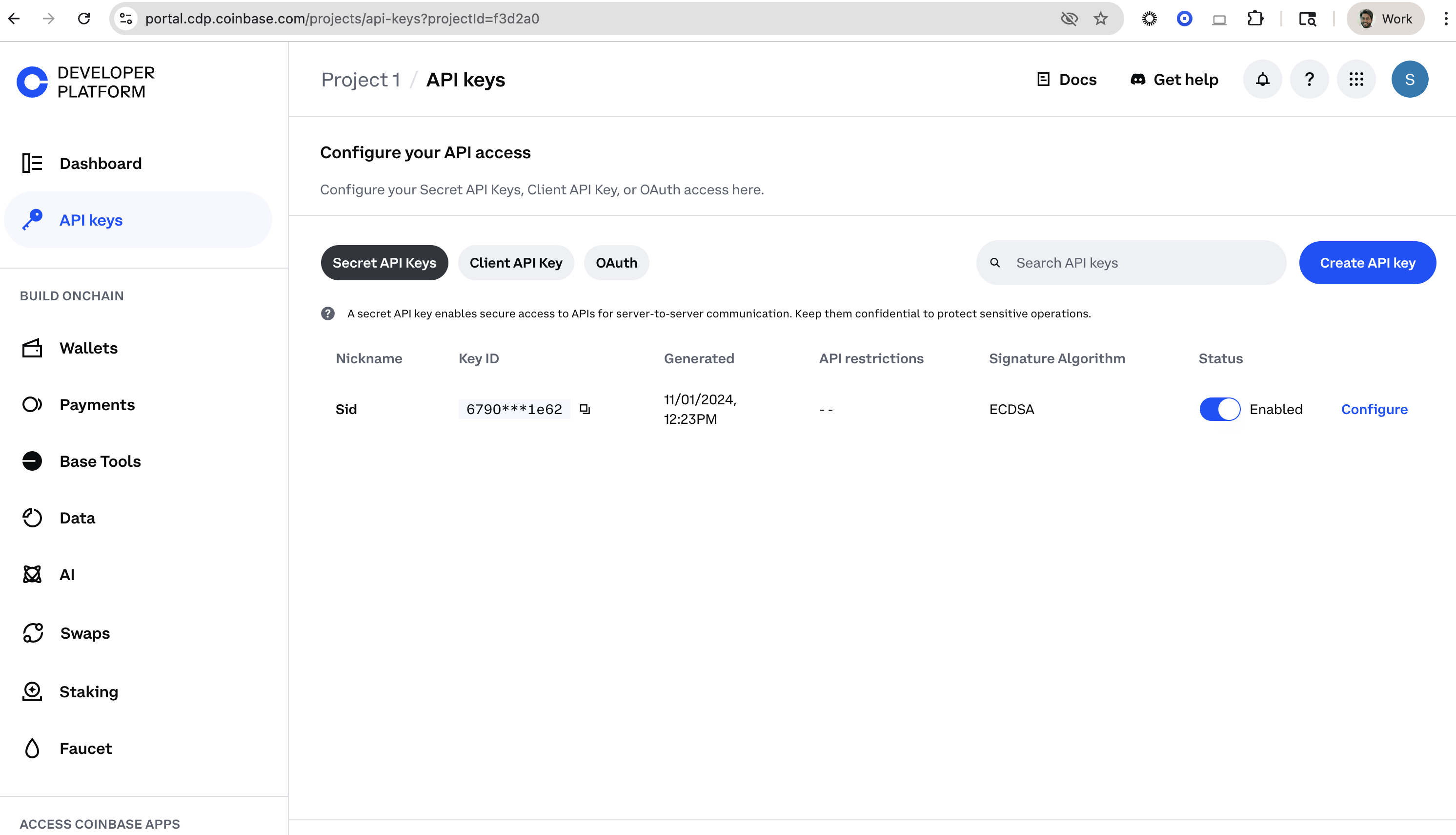 Coinbase Developer Platform API keys dashboard with the Secret API Keys tab and Create API key button