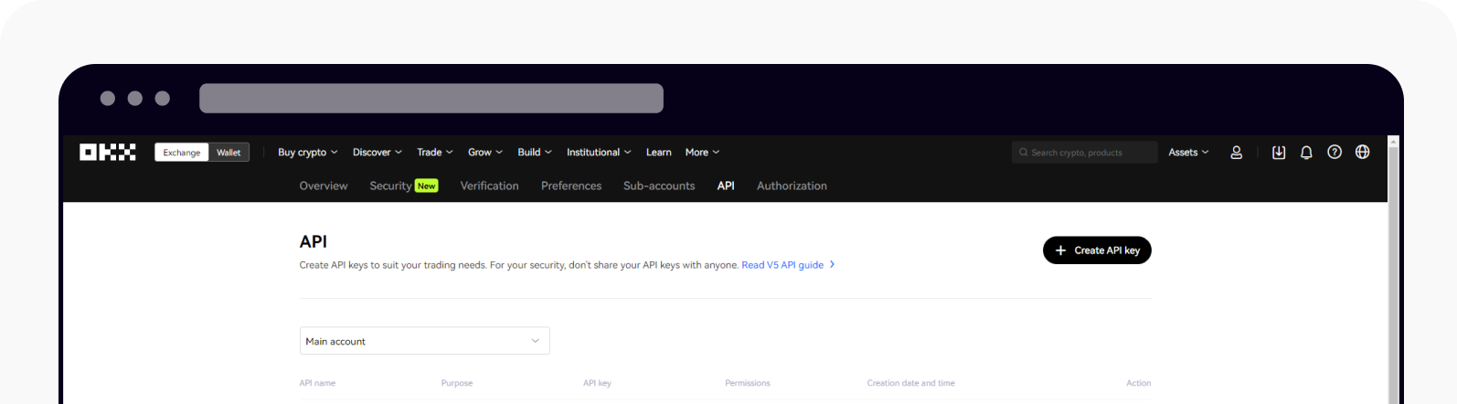 OKX official API management page with the Create API key button